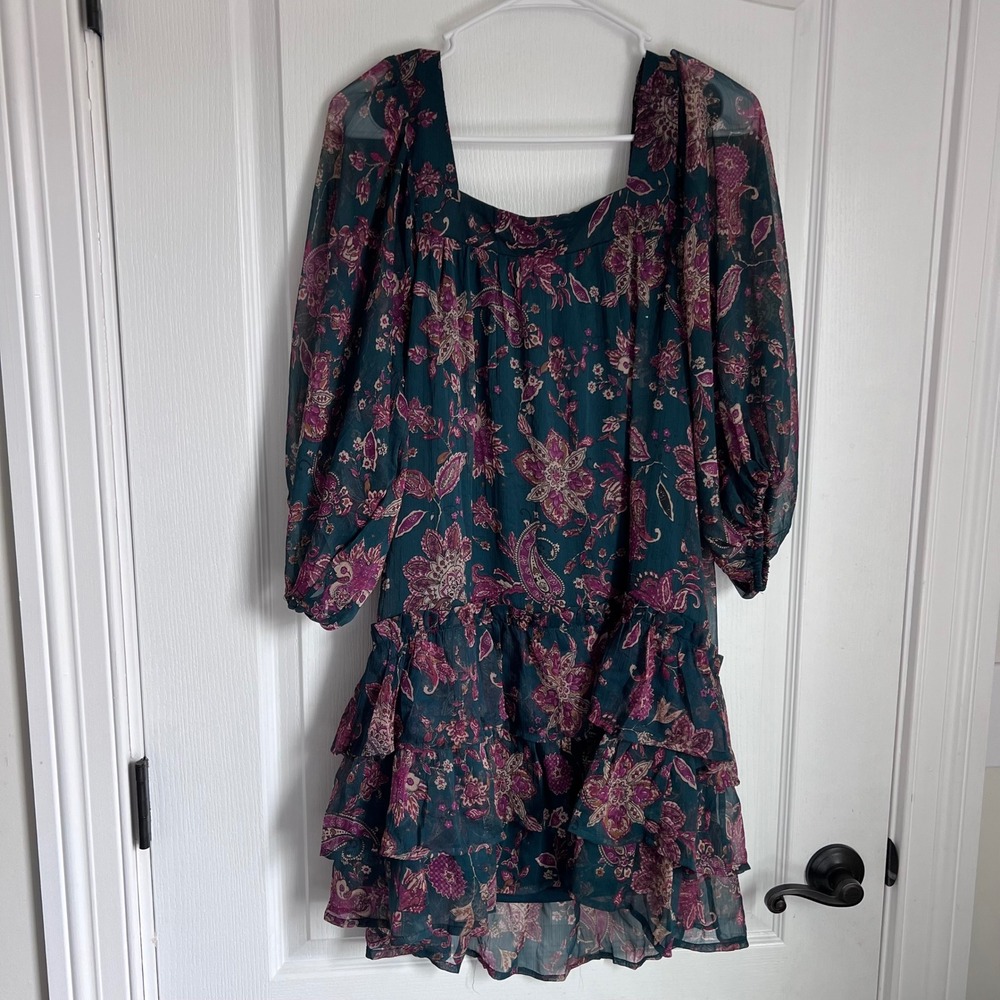 Band of the Free Teal Purple Paisley Floral Ruffle Tiered Mini Dress Boho Puff S